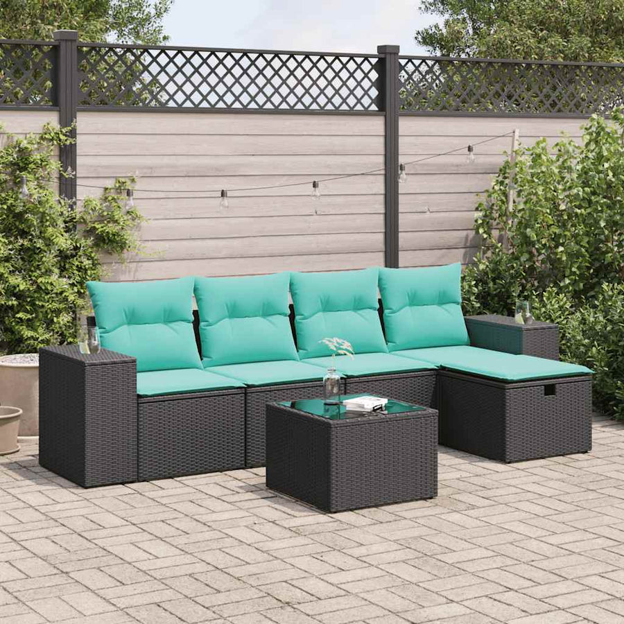 6-delige Loungeset met kussens poly rattan zwart