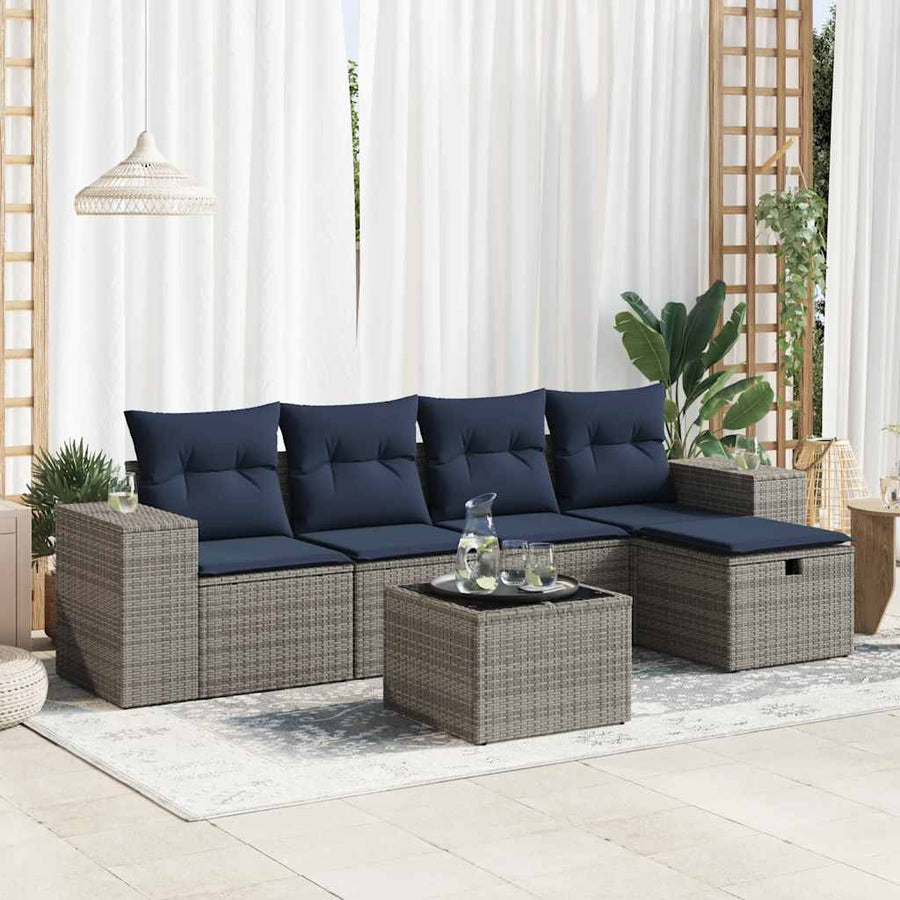 6-delige Loungeset met kussens poly rattan grijs