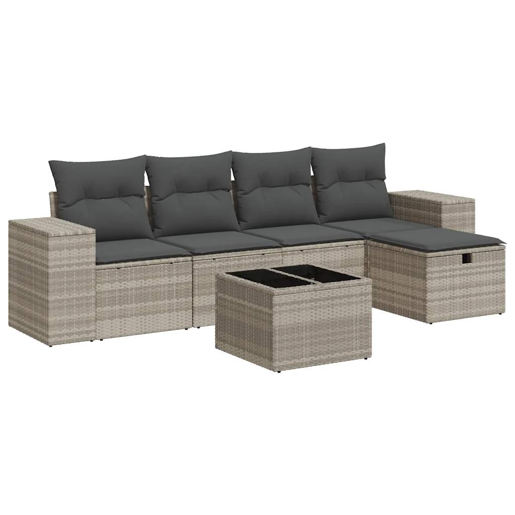 6-delige Loungeset met kussens poly rattan lichtgrijs