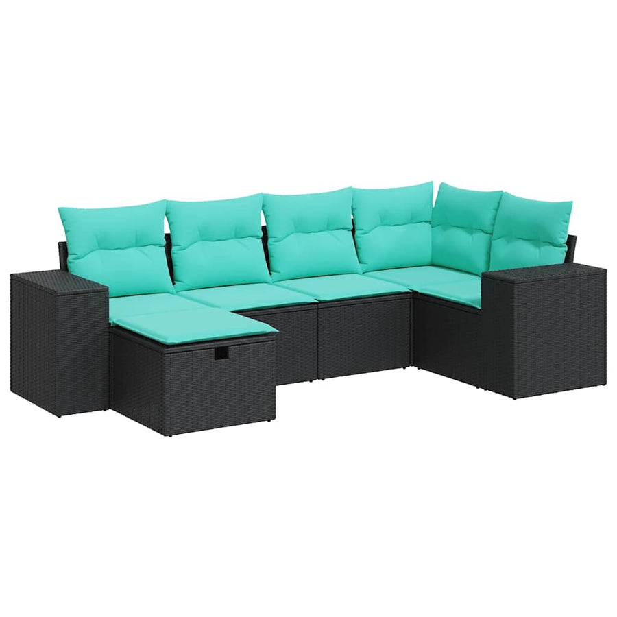 6-delige Loungeset met kussens poly rattan zwart