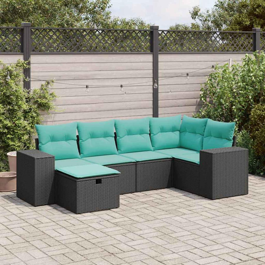 6-delige Loungeset met kussens poly rattan zwart