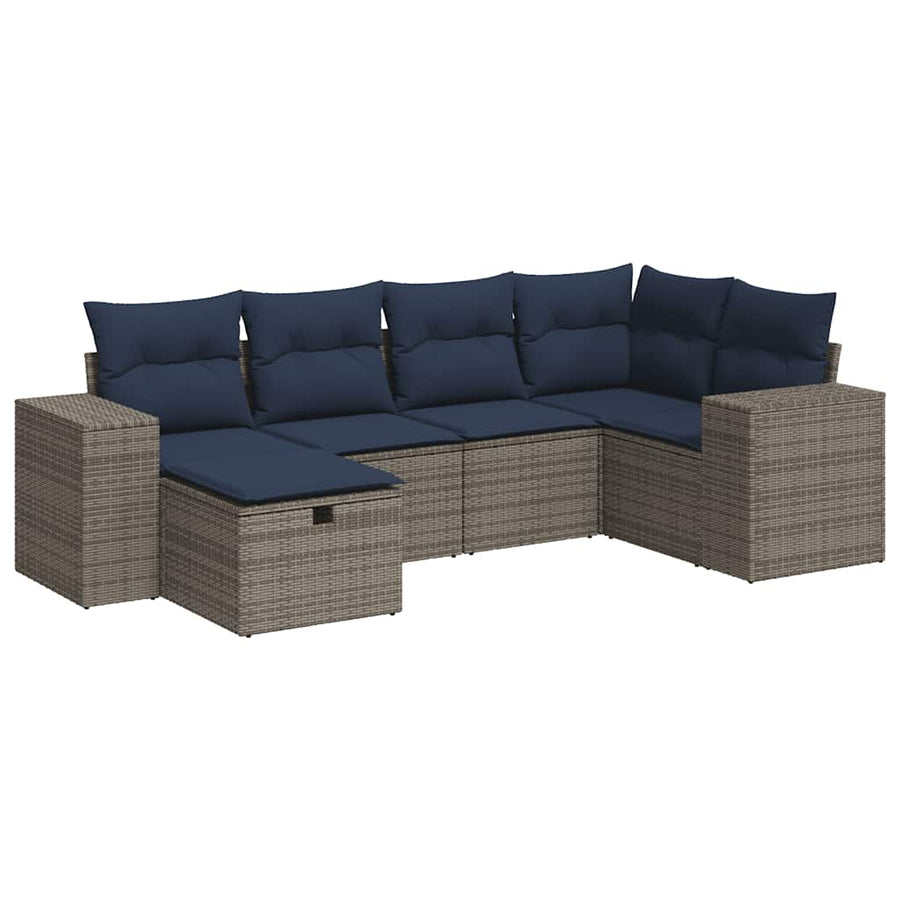 6-delige Loungeset met kussens poly rattan grijs