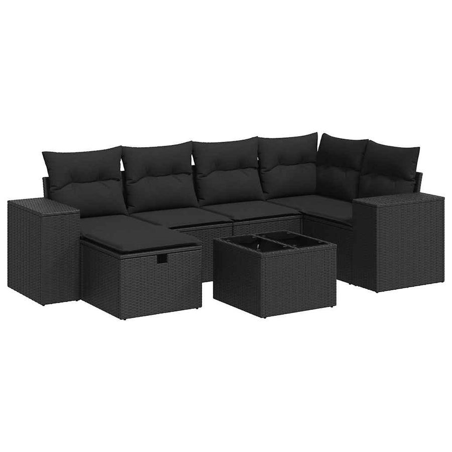 7-delige Loungeset met kussens poly rattan zwart