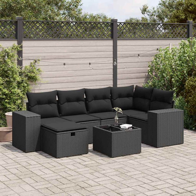 7-delige Loungeset met kussens poly rattan zwart