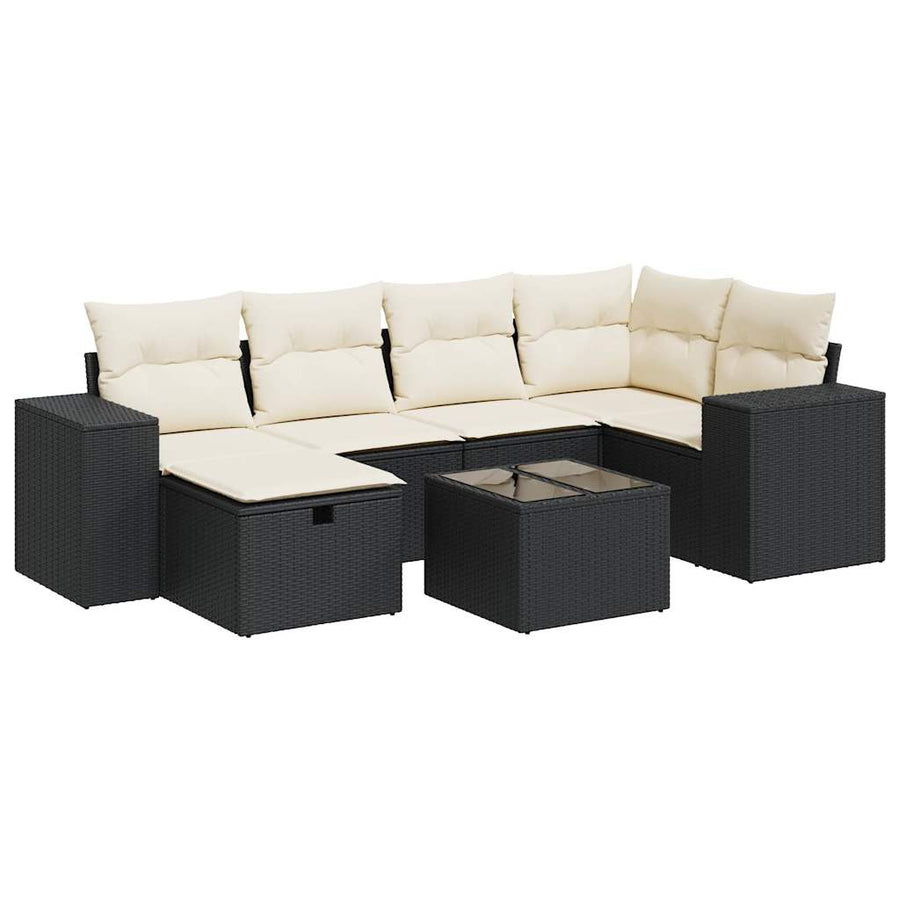 7-delige Loungeset met kussens poly rattan zwart