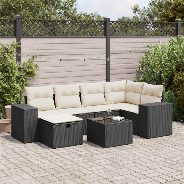 7-delige Loungeset met kussens poly rattan zwart