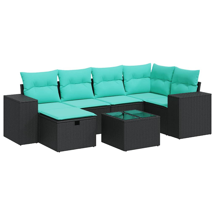 7-delige Loungeset met kussens poly rattan zwart