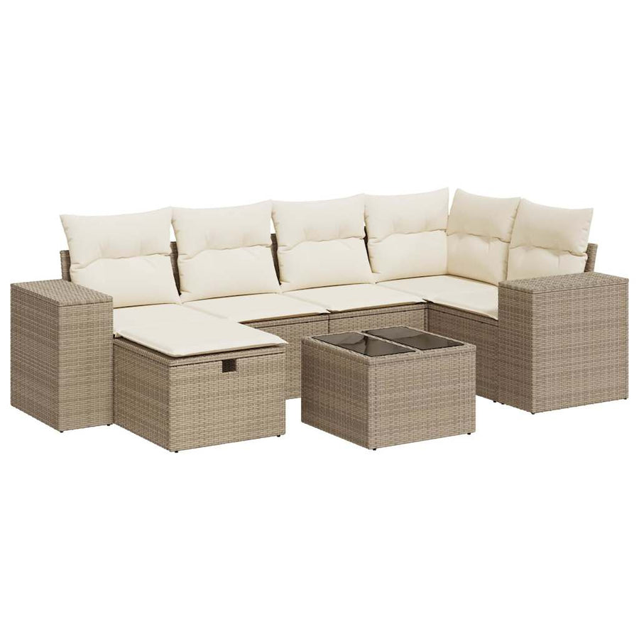 7-delige Loungeset met kussens poly rattan beige