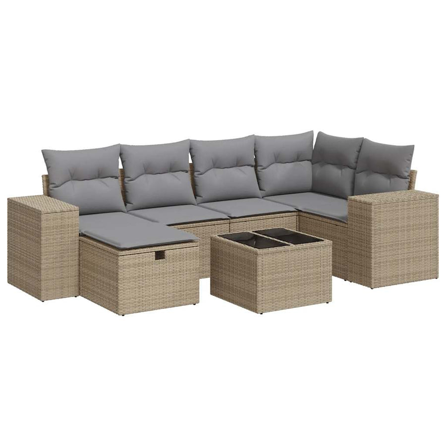 7-delige Loungeset met kussens poly rattan beige