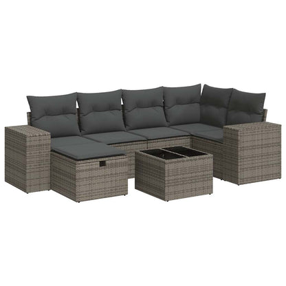 7-delige Loungeset met kussens poly rattan grijs