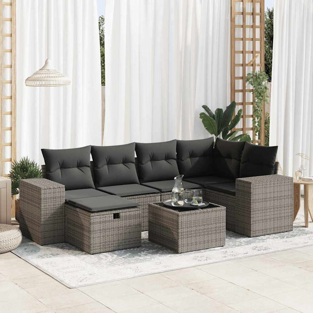 7-delige Loungeset met kussens poly rattan grijs