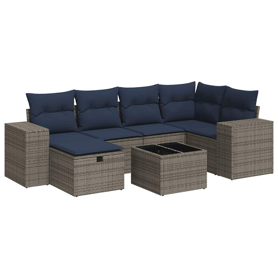 7-delige Loungeset met kussens poly rattan grijs