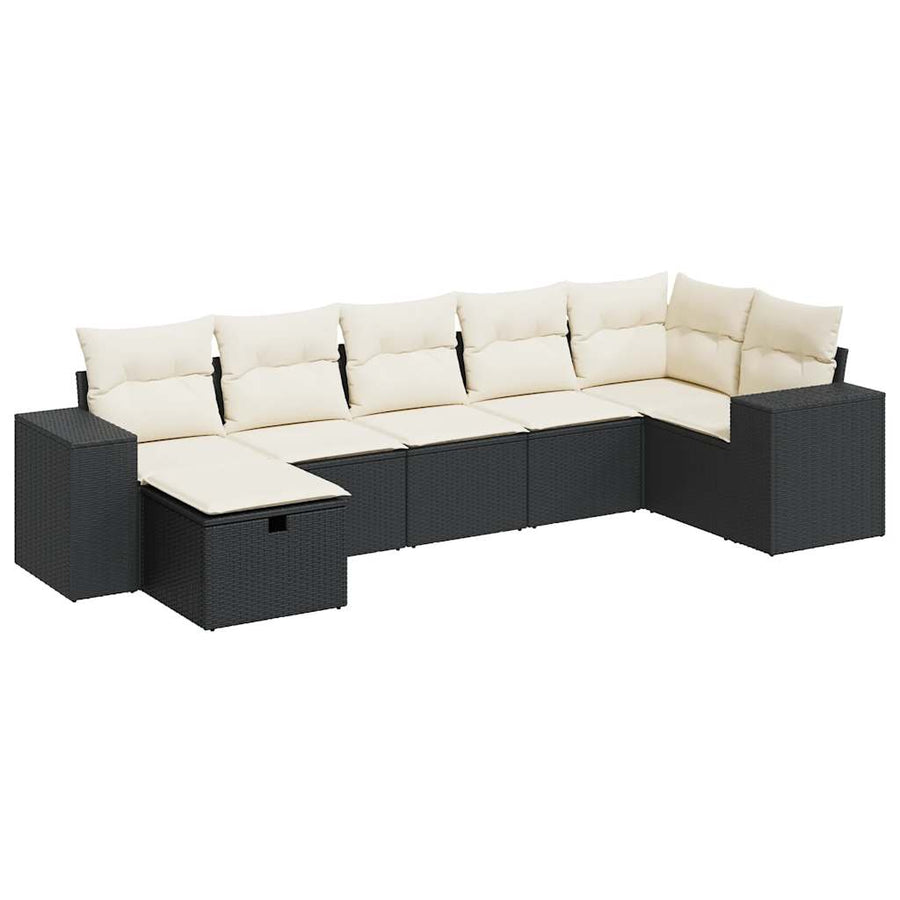7-delige Loungeset met kussens poly rattan zwart