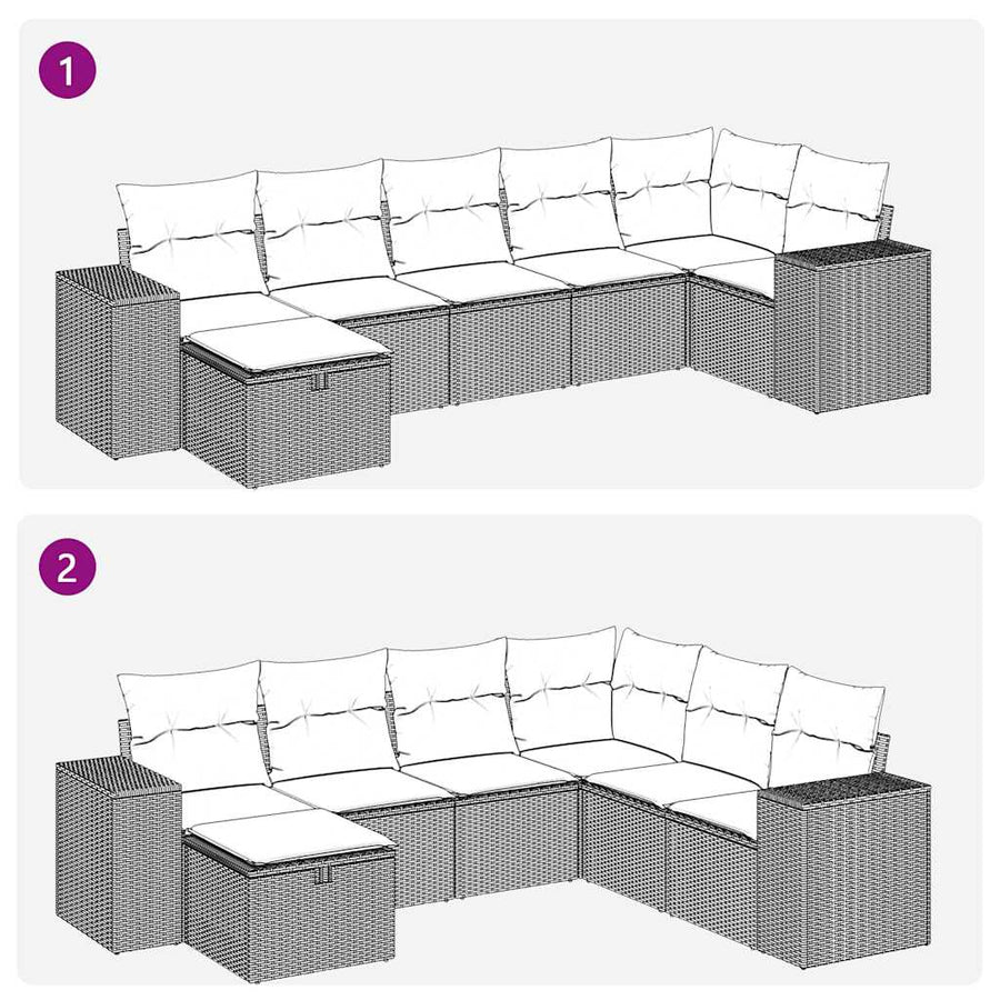 7-delige Loungeset met kussens poly rattan zwart