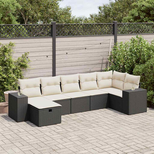 7-delige Loungeset met kussens poly rattan zwart