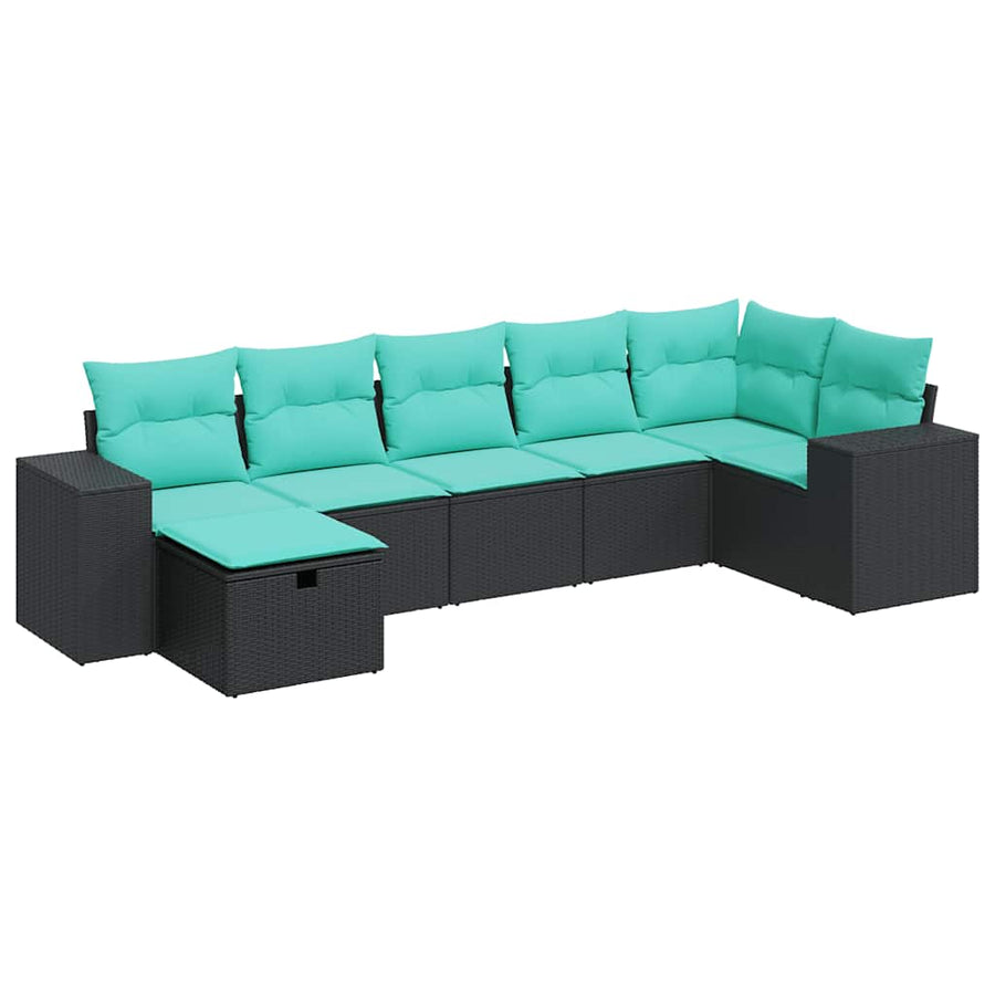 7-delige Loungeset met kussens poly rattan zwart
