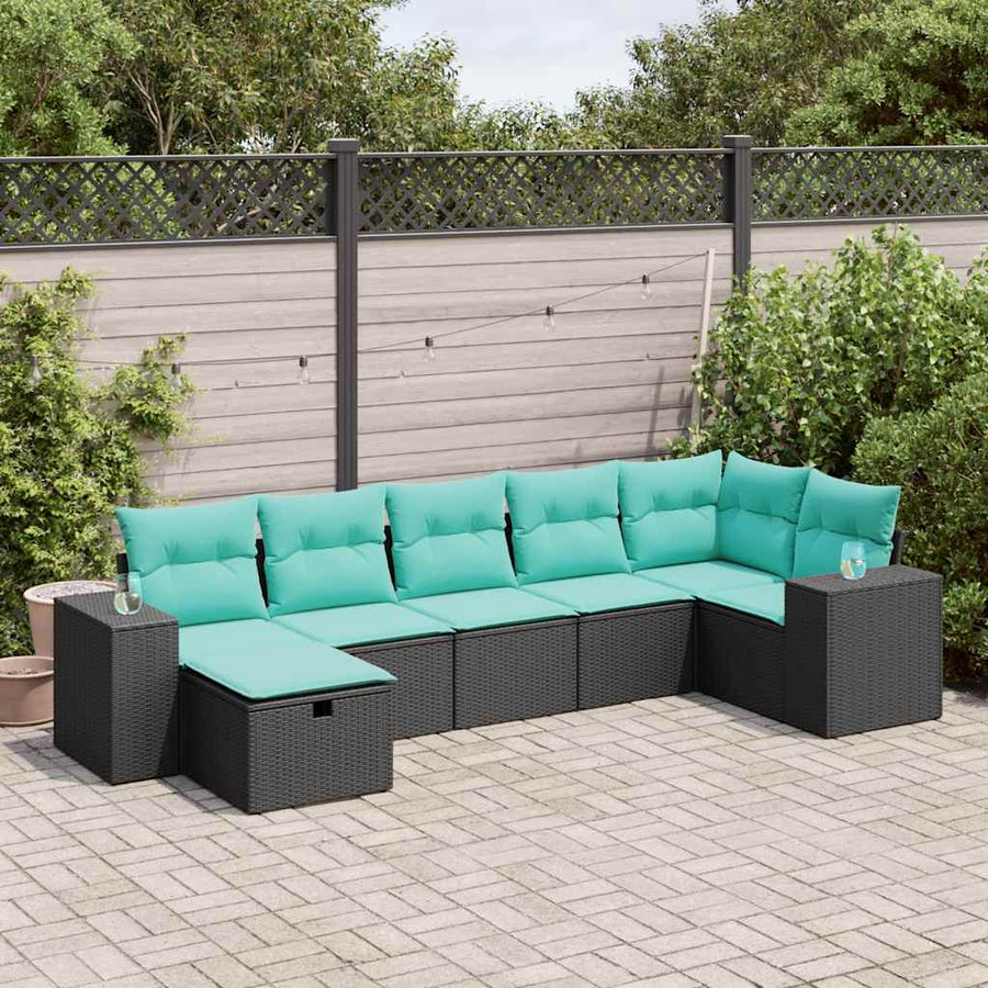 7-delige Loungeset met kussens poly rattan zwart