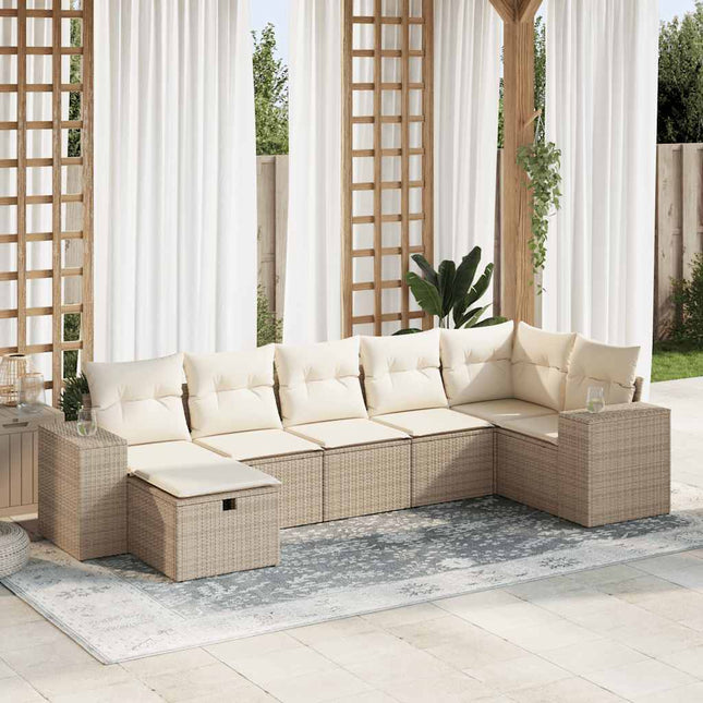 7-delige Loungeset met kussens poly rattan beige