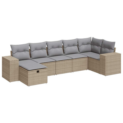 7-delige Loungeset met kussens poly rattan beige