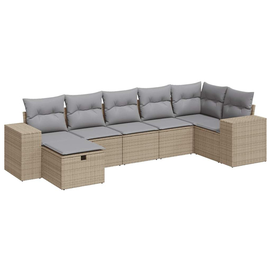 7-delige Loungeset met kussens poly rattan beige