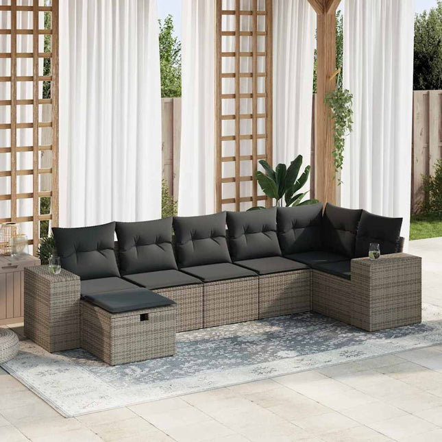 7-delige Loungeset met kussens poly rattan grijs