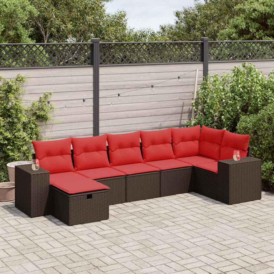 7-delige Loungeset met kussens poly rattan bruin