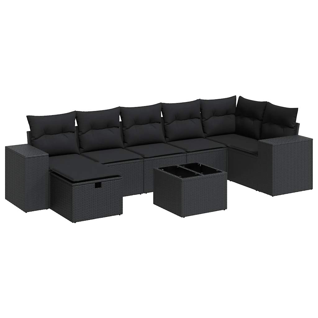 8-delige Loungeset met kussens poly rattan zwart