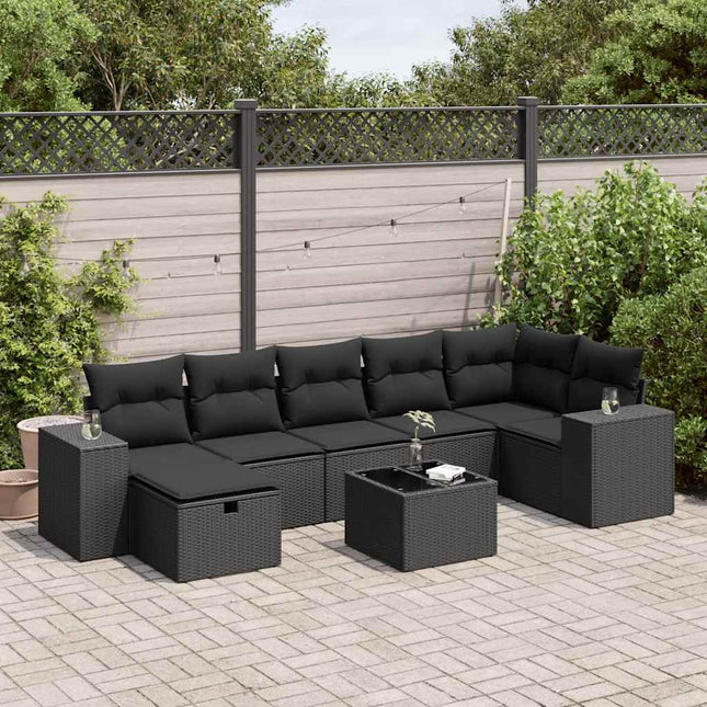 8-delige Loungeset met kussens poly rattan zwart