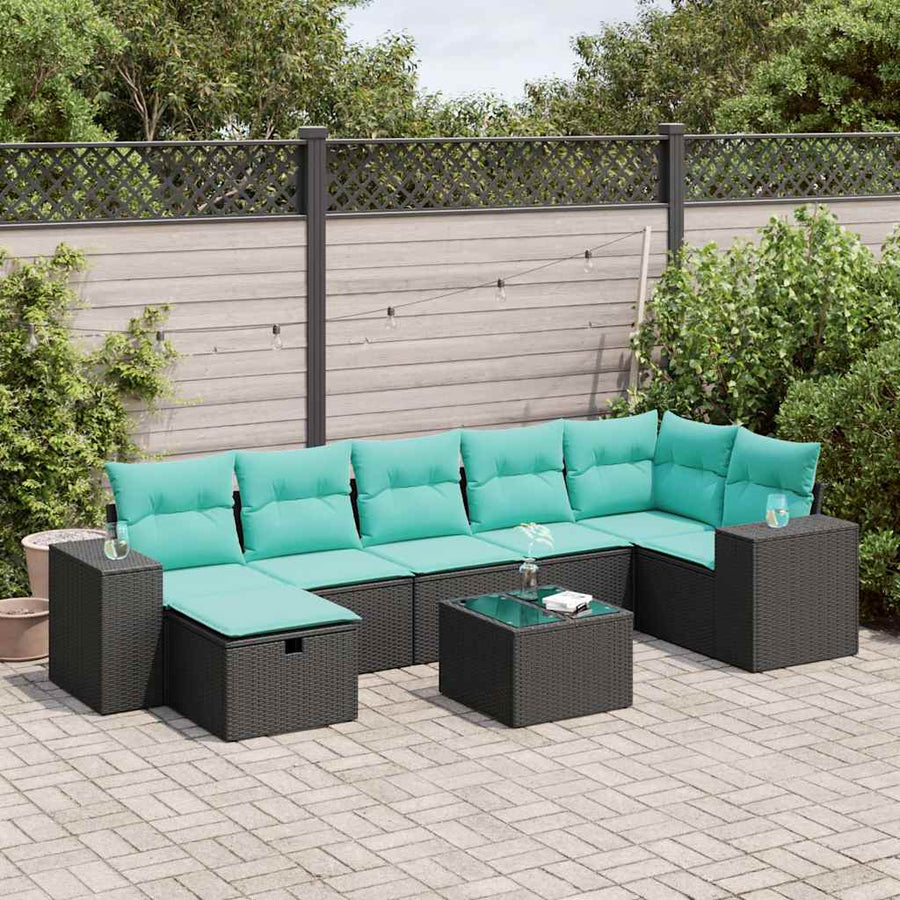 8-delige Loungeset met kussens poly rattan zwart