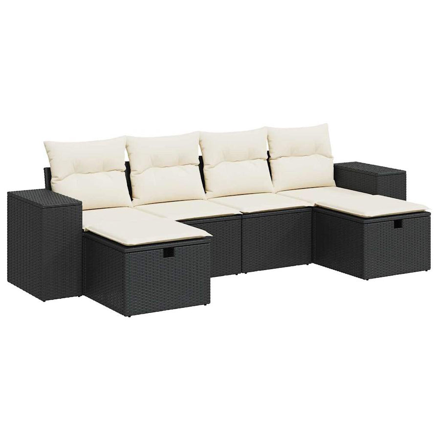 6-delige Loungeset met kussens poly rattan zwart