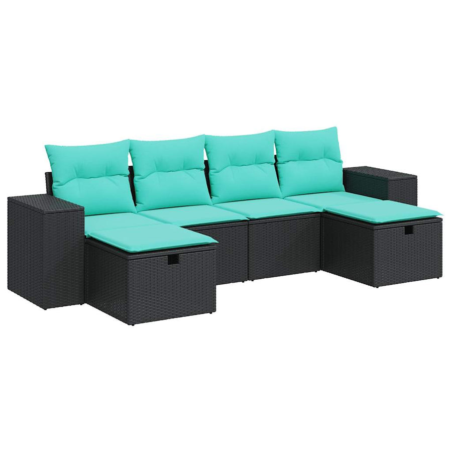 6-delige Loungeset met kussens poly rattan zwart