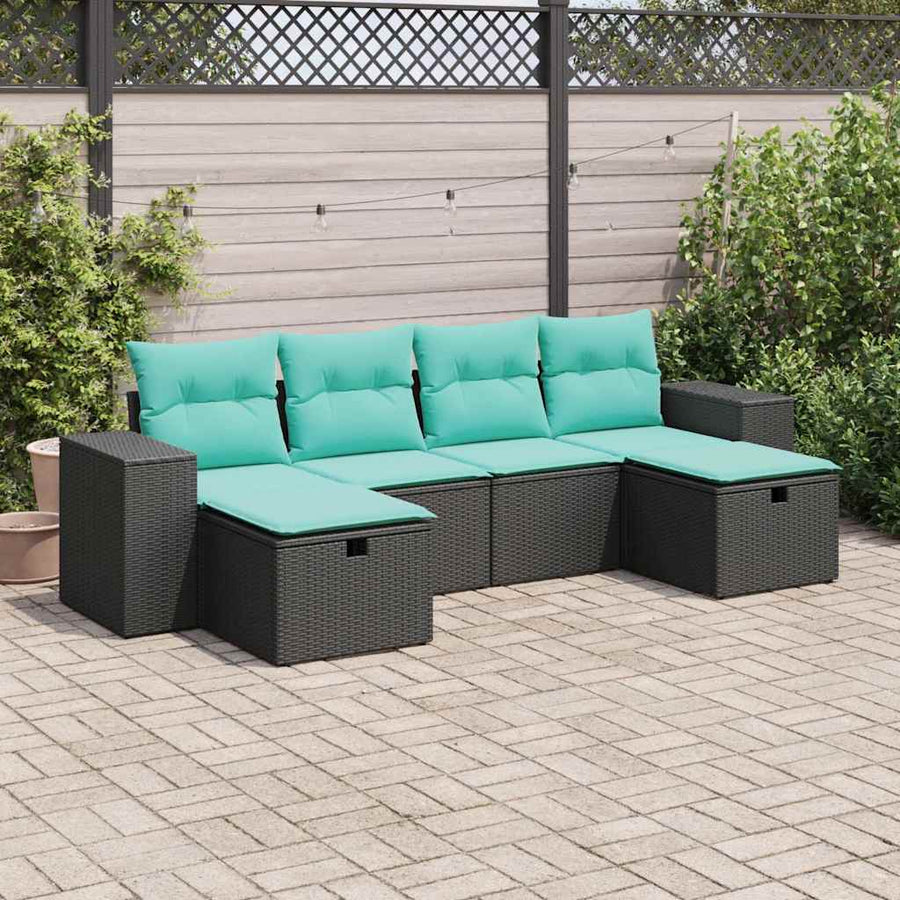 6-delige Loungeset met kussens poly rattan zwart