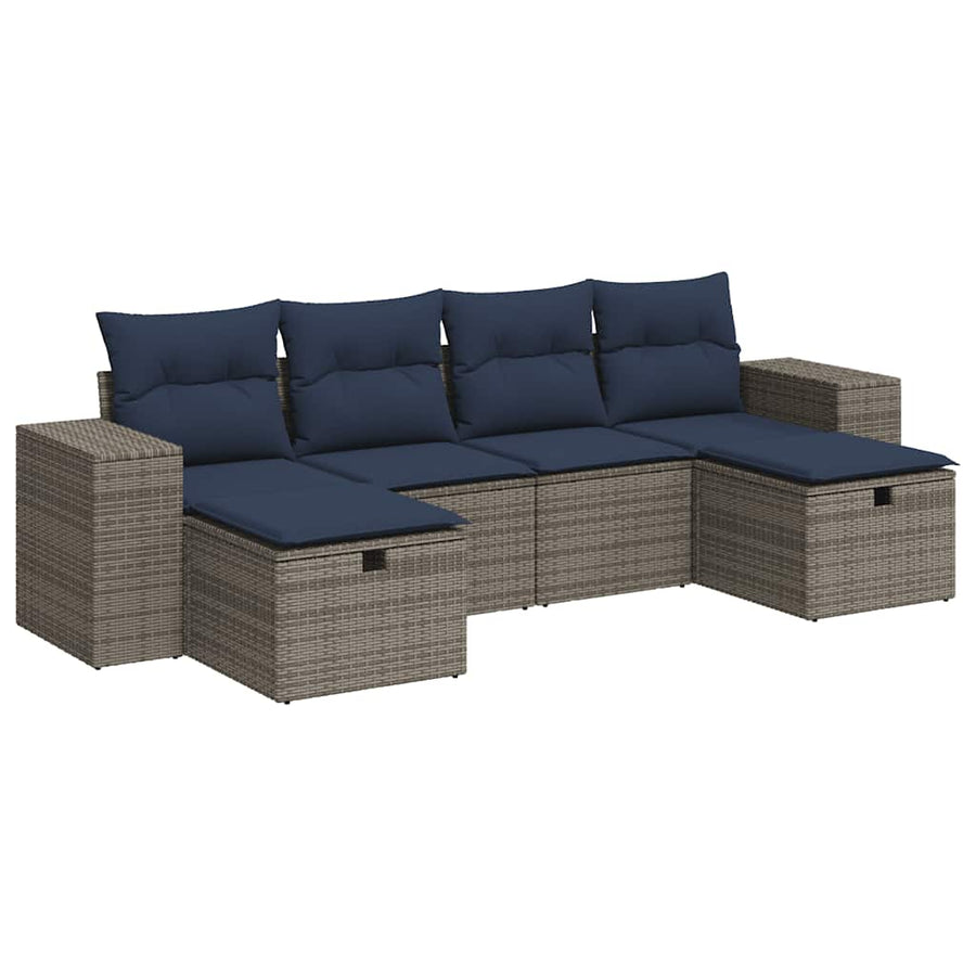 6-delige Loungeset met kussens poly rattan grijs