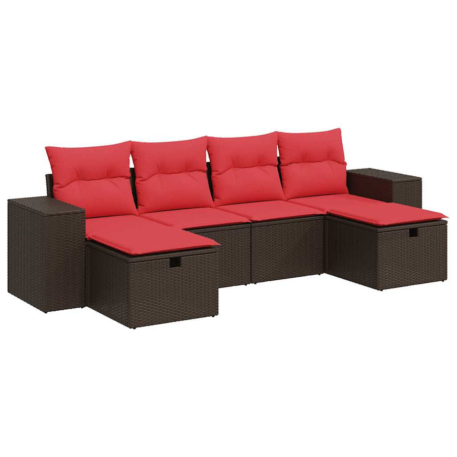 6-delige Loungeset met kussens poly rattan bruin