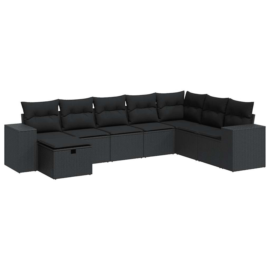 8-delige Loungeset met kussens poly rattan zwart