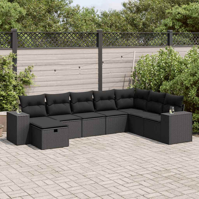 8-delige Loungeset met kussens poly rattan zwart