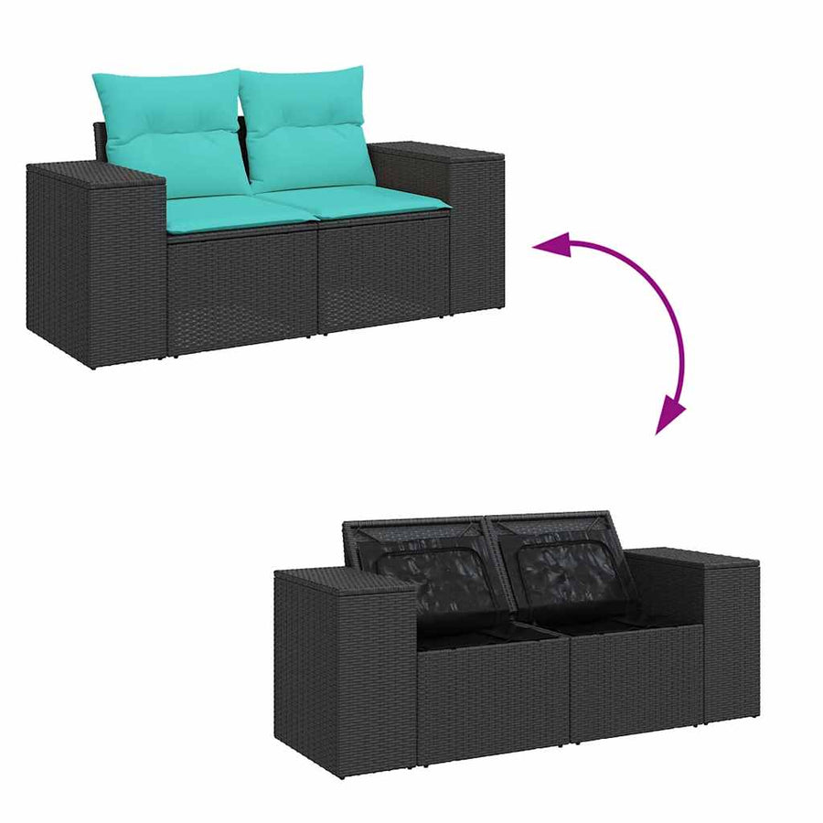 8-delige Loungeset met kussens poly rattan zwart