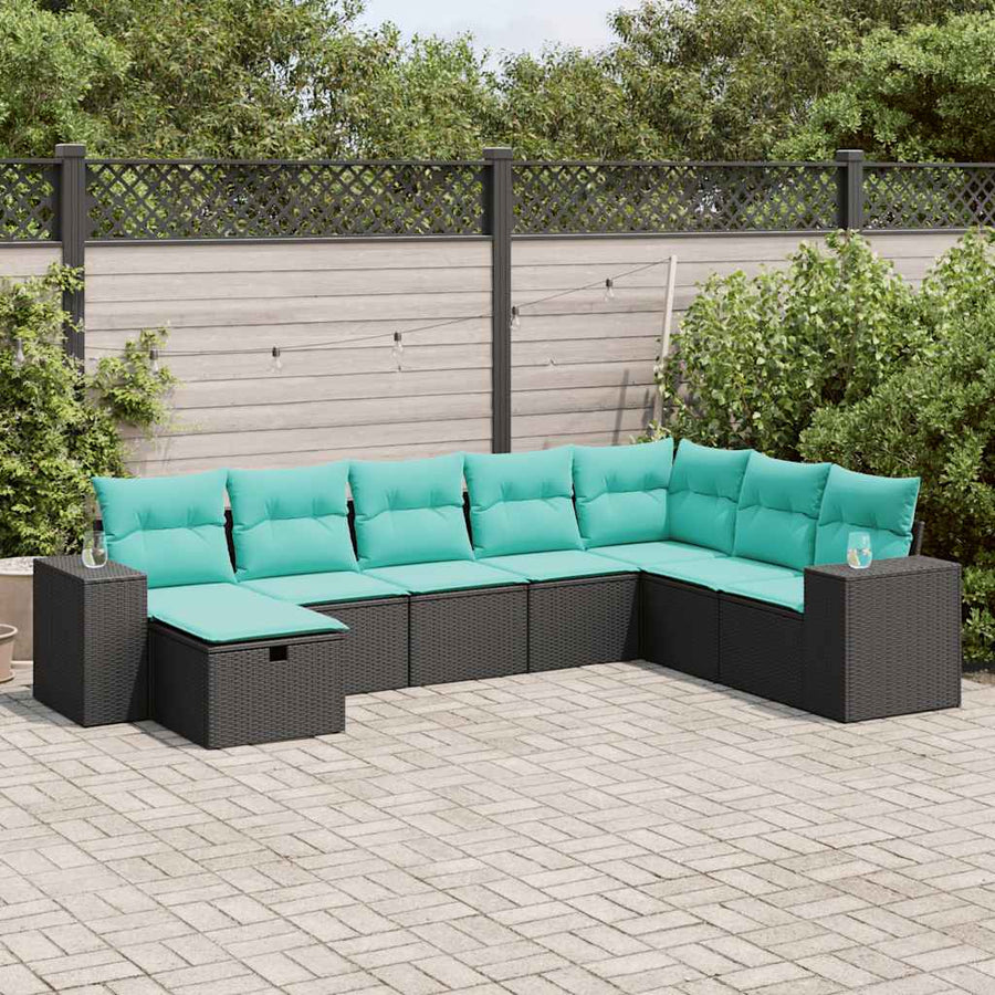 8-delige Loungeset met kussens poly rattan zwart