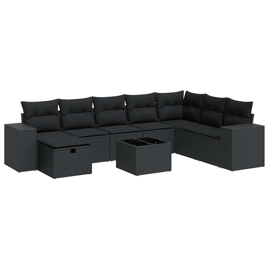 9-delige Loungeset met kussens poly rattan zwart