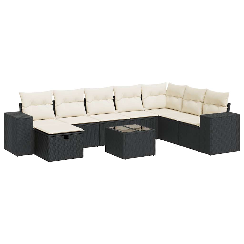 9-delige Loungeset met kussens poly rattan zwart