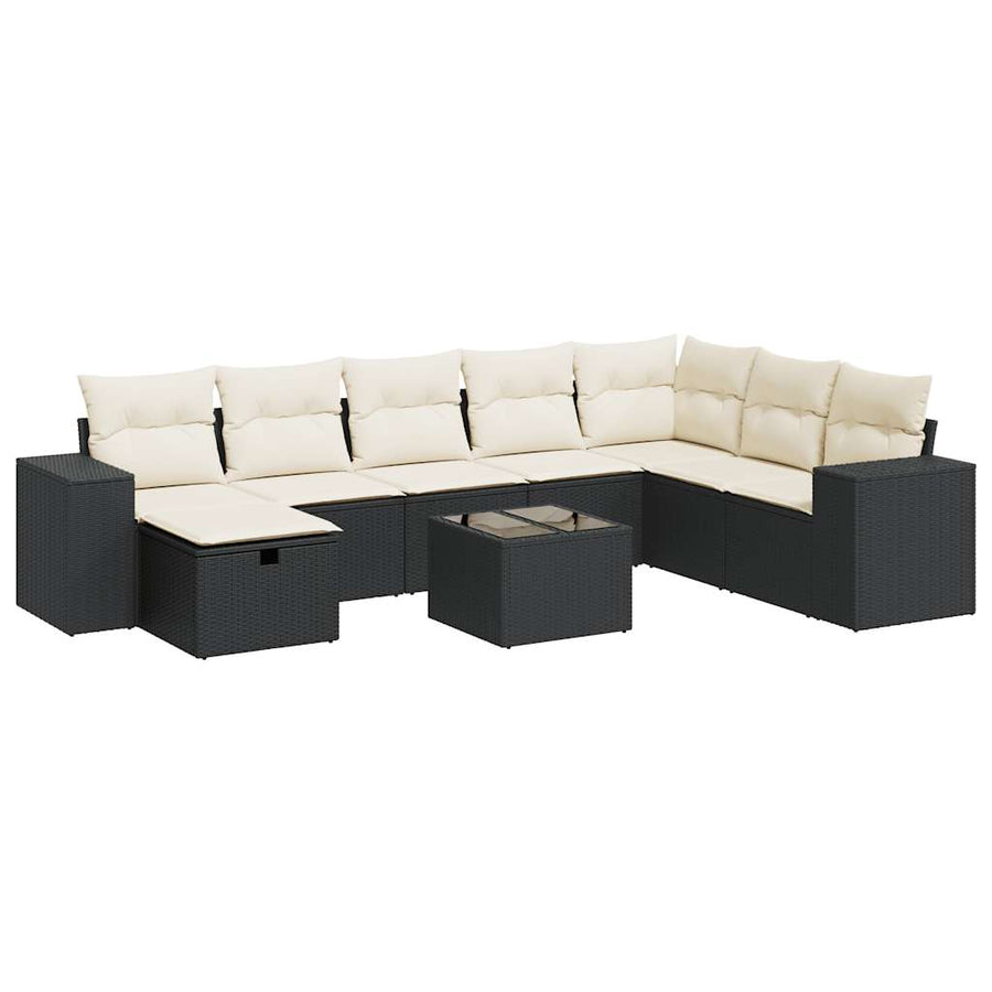 9-delige Loungeset met kussens poly rattan zwart