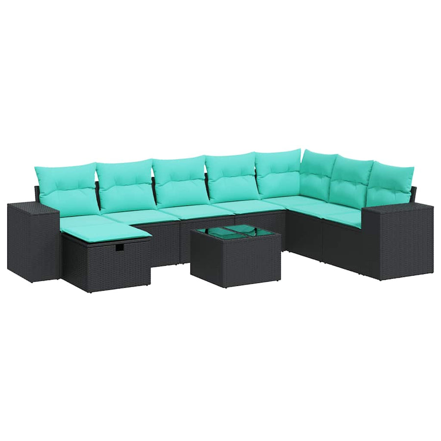 9-delige Loungeset met kussens poly rattan zwart