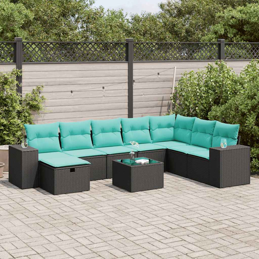 9-delige Loungeset met kussens poly rattan zwart