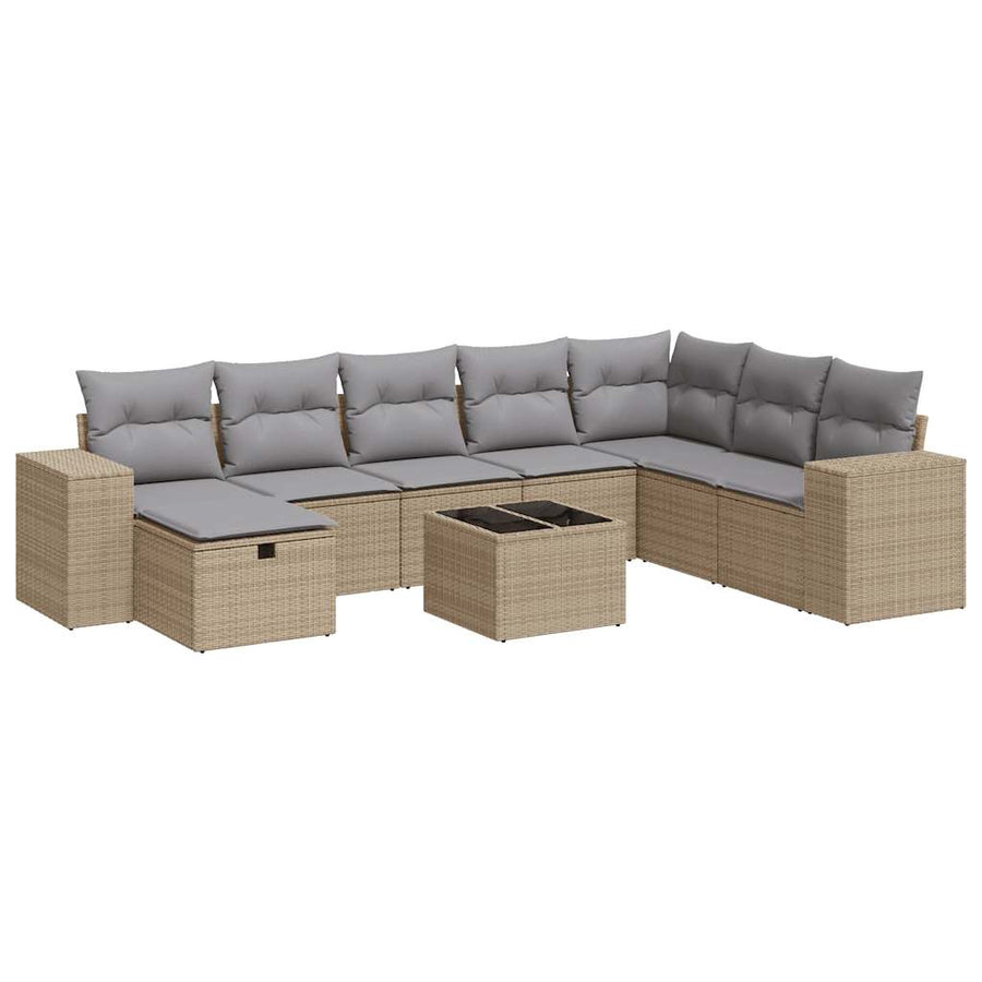 9-delige Loungeset met kussens poly rattan beige