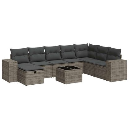 9-delige Loungeset met kussens poly rattan grijs