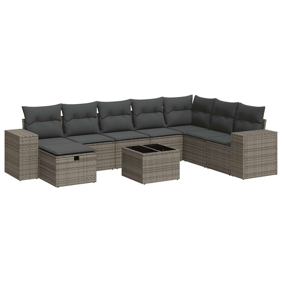 9-delige Loungeset met kussens poly rattan grijs