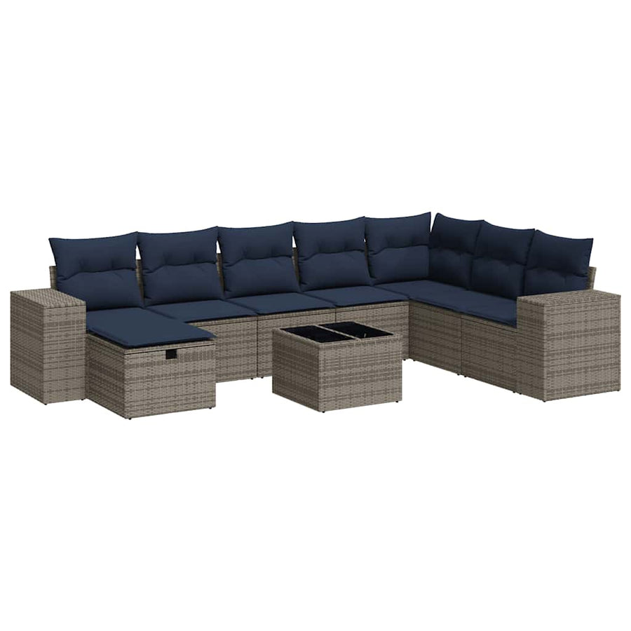 9-delige Loungeset met kussens poly rattan grijs