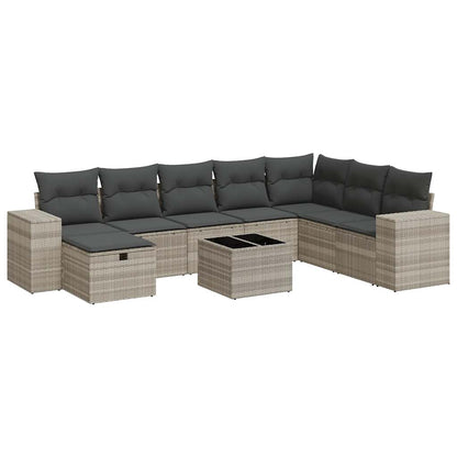 9-delige Loungeset met kussens poly rattan lichtgrijs