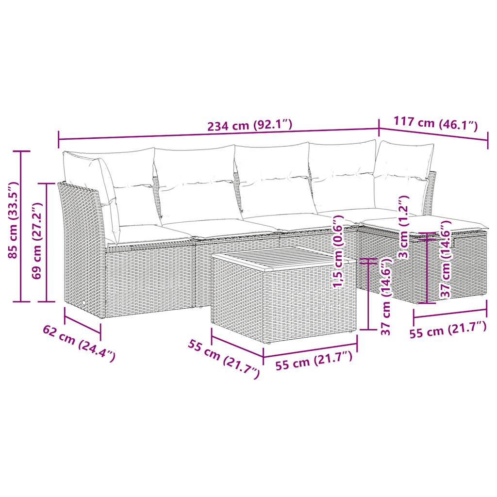 6-delige Loungeset met kussens poly rattan zwart