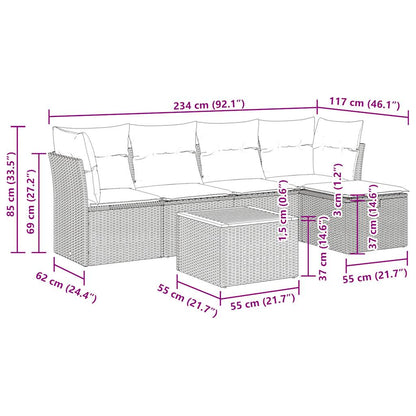 6-delige Loungeset met kussens poly rattan zwart